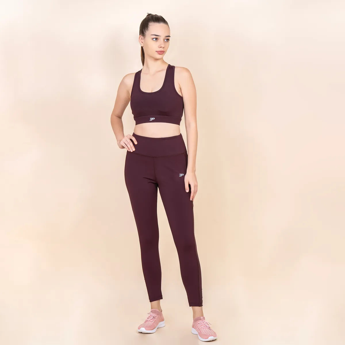 Set Of 2 Burgundy Sports Bra-Legging Set For Women